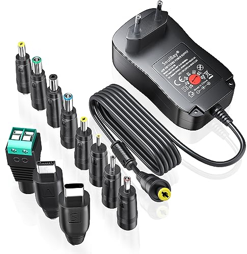 SoulBay 48W Fuente de alimentación Universal de 5V, 6V, 7,5V, 9V, 12V, 15V, 19V, Cargador Adaptador de CA a CC con 11 Puntas de CC, Incluye Enchufe USB de 5V, 1A, 4000mA máx.