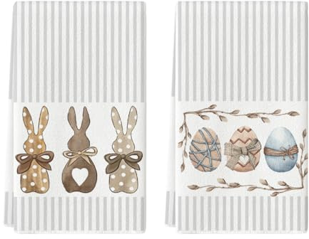Artoid Mode Set di 2 asciugamani da cucina a righe con tre conigli, uova di Pasqua, 42 x 65 cm, decorazione stagionale primaverile