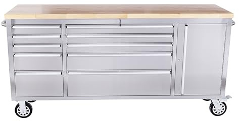Ondis24 Edelstahl-Werkstattwagen Werkzeugwagen mit 10 Leichtlaufschubladen & XL-Massivholzarbeitsplatte, Lenkrollen, fahrbare Werkbank, unbestückt (Silber, 198 x 49 x 95 cm)
