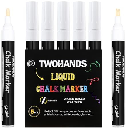 TWOHANDS 5 Pcs Pennarelli a Gesso Liquido Bianco, Cancellabili, Punta Reversibile 3mm e 4,5mm - Pennarelli Multiuso per Lavagne a Gesso, Segnaletica, Finestre, Lavagne Bianche, Vetro, Bistro,19530