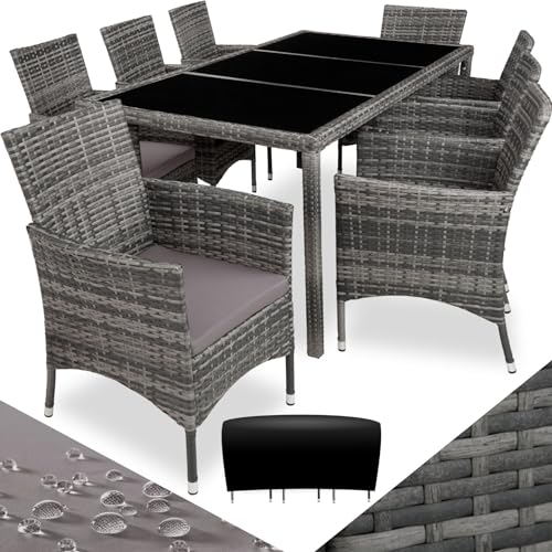 tectake® edles Outdoor Gartenmöbel Set Rattan Sitzgruppe mit Sessel und Tisch für 8 Personen, inkl. Schutzhülle und Polstern, Balkon Möbel wetterfest - grau-meliert/grau