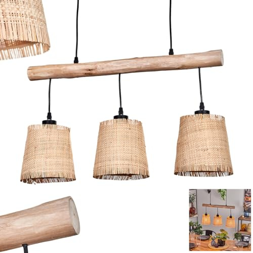 HOFSTEIN Pendelleuchte Soungou, moderne Hängelampe aus Holz/Metall/Bast in Natur/Schwarz/Beige, 3-flammige Hängeleuchte im skandinavischen Design, Höhe max. 135 cm, E27, Wohnzimmer, Esszimmer, Küche