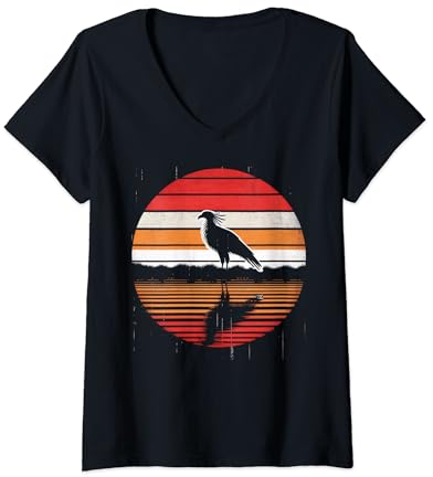 Damen Sekretär Vogel Sonnenuntergang Retro Stil Safari Vintage 70er Jahre T-Shirt mit V-Ausschnitt