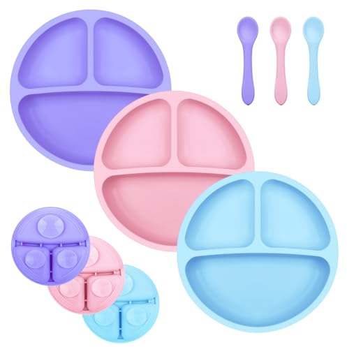 BEBOAN Baby Teller, 3 Pack Silikon Kinderteller mit Saugnapf, Geteilte Standfeste Babyteller mit Löffel, Tragbar BPA-Frei Rutschfest Silikon Kindergeschirr Set (Lila/Rosa/Hellblau)