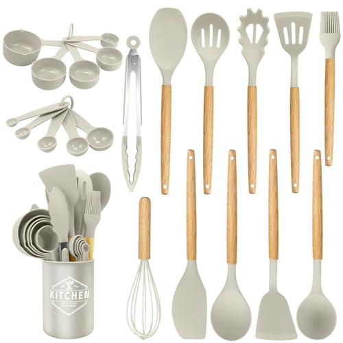 Küchenhelfer Set aus Silikon, 22-teiliges küchenutensilien, hitzebeständig, antihaftbeschichtet, Hitzebeständiger Kochgeschirr mit Utensilienhalter,mit Holzgriff für BPA-freie Utensilien