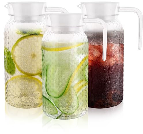 AHAQU 3PCS 1L/35oz Acrylic Pitcher with Lid, Transparent Plastic Water Jug, Unbreakable Juice Jug Fridge Door Pitcher for Ice Tea, Milk, Beverage, Lemonade
