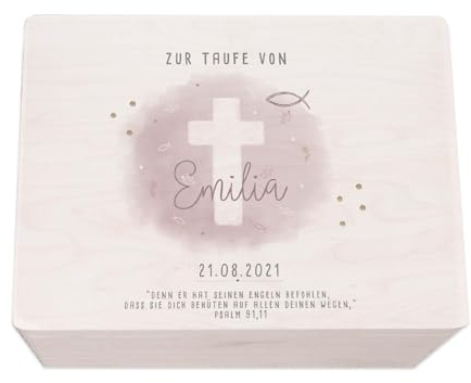 hellomini Taufgeschenke - Personalisierte Erinnerungsbox Taufe aus Holz - Taufgeschenke für Mädchen - Taufgeschenke Jungen - Taufe Geschenk (Kreuz rosa Druck, L: 40x30x23cm)