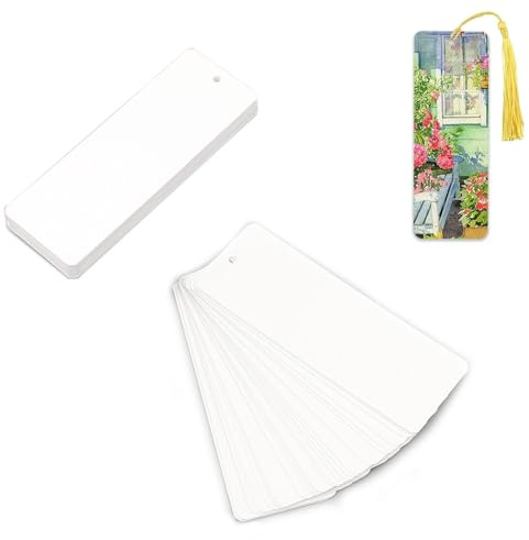 YFaith 14 x 5 cm Lesezeichen Basteln, 60 Stück Lesezeichen Papier Blanko, Geschenkanhänger Weiß Selbst Gestalten mit Löchern, für Aquarelle, Zeichnungen, DIY