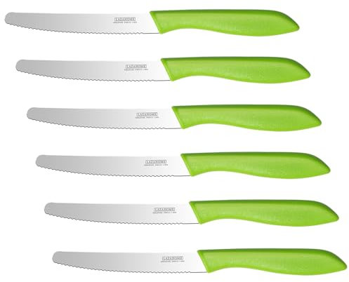 LAZAHOME Brotmesser,Brötchenmesser Set 6-teilig，Edelstahl - Brotmesser mit Wellenschliff，Bäckermesser，23.2 CM，Scharfe Messerklinge mit Ergonomischem Griff，Für verschiedene Brotsorten，Grün