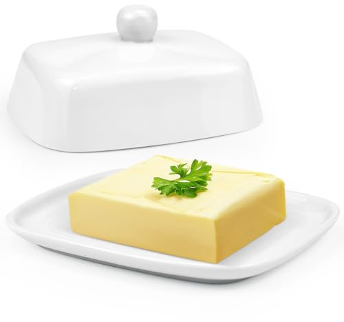 HEKOBAG Butterdose Keramik Weiß Butterglocke Butterschale Porzellan Butterbehälter mit Deckel Keramische Butterbox Butterfass Weiss Butter Dish Buttertopf für Alle Gängigen Butter (250g)