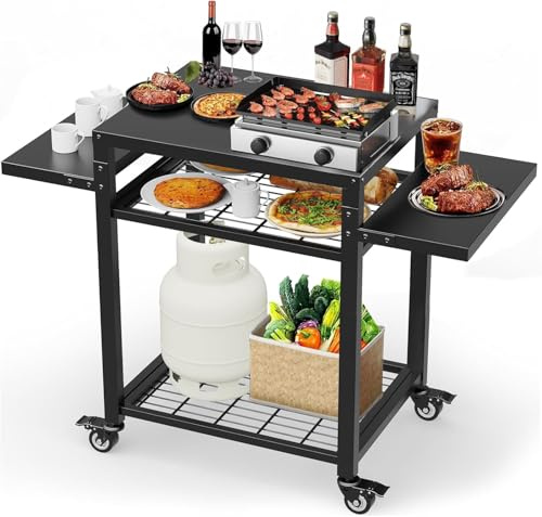 Yozoia Outdoor Grill Table, Movable Grill Cart for Blackstone Griddle, Pizza Oven Stand for Onni, Kitchen Cooking Prep Table BBQ Cart for Party, Bar, Camping