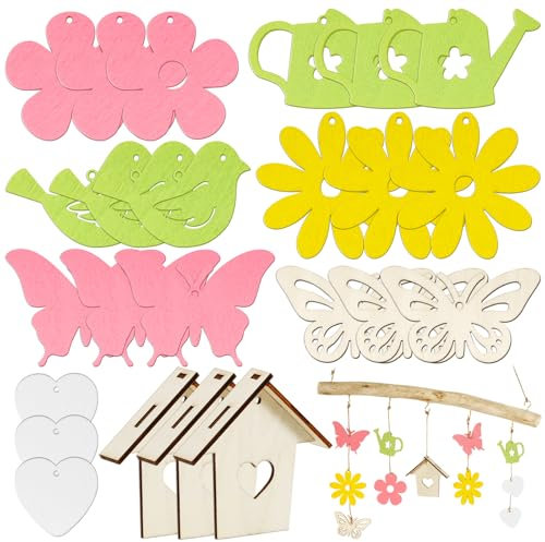 BOFUNX 24pcs Decorazioni Primaverili in Legno da Appendere Ornamenti Primaverili Legno Ciondoli Pendenti Primaverili Legno per Casa Finestra Artigianato Fai da Te