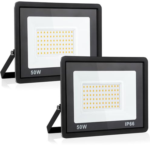 Psatfito G Faretto LED da Esterno da 50w, LED da Cantiere Super Luminose da 5400 Lm, Ip66 Impermeabile, Proiettore per Esterni da 3000K per Magazzino, Garage, Cortile, Confezione da 2
