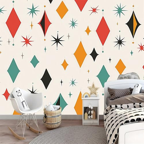 Papel de Pared Retro Geométrico Estrellas Decoración De Pared Oficina Salón Dormitorio 350 x 256 cm Papel Pintado Tejido No Tejido Decoración Papel Tapiz Papel Pared Vistoso