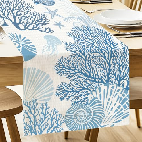 ANATTASOUL Coralli E Conchiglie Runner Tavola Moderno, Estate Runner Colorato, Primaverile Cucina Tavolo Decorazione, Lavabile in Lavatrice, 33 x 183 cm