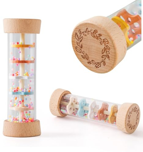 WOODEN TEETHER Regenmacher Rassel Baby – Holz Musikspielzeug mit Beruhigendem Regenklang, Sensorisches Spielzeug für Kinder, Geschenk für Jungen und Mädchen(Ohne Name, Klassisches)