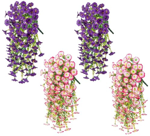 GAESHOW 4 stycken konstgjorda hängande blommor, konstgjorda petunior för utomhus, 75 cm, falsk fallande petunia hängande växter för inomhusträdgård, främre veranda, innergård
