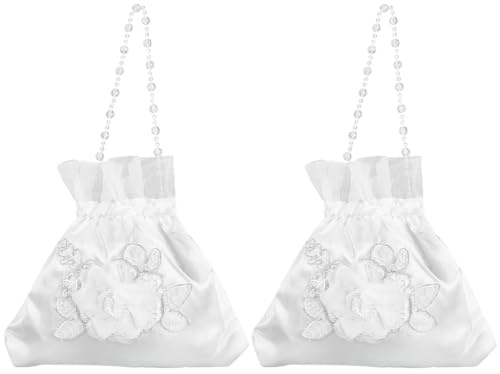 CRASPIRE 2 bolsa de Dinero Novia Color Blanco de Satén de Seda Flores 3D Y Encaje Floral Cordón Ajustable Y Cadena de Cuentas de Plástico Regalos de Boda Fiestas Bailes Suministros Mujeres.