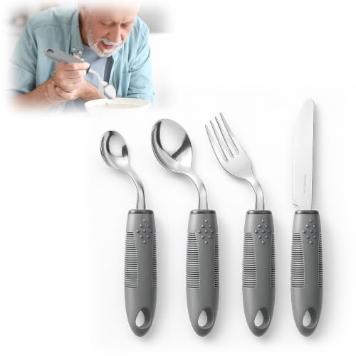 Juego de cubiertos Parkinson de 4 piezas, ángulo de 42°, con mango antideslizante | Cubertería Easy Grip con ángulo de 42° para personas con movilidad reducida de la mano