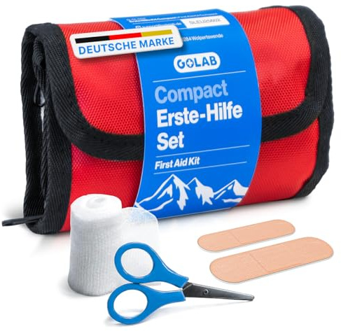 GoLab Erste-Hilfe-Set Mini, 46 Teile, 195g, DIN-konforme Reiseapotheke | Kompaktes Notfall Set für Zuhause, Outdoor, Reisen, Camping und Sport - mit Hilfe Guide nach DGUV, in 3 Fächern organisiert.