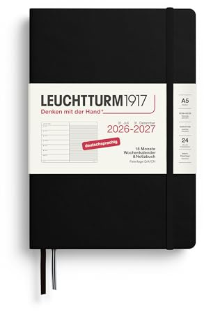 LEUCHTTURM1917 Veckokalender 2027 A5 med anteckningsbok, linjerad – mötesplanerare tyska, 18 månader juli 2026 – december 2027, svart, inbunden 210 x 145 mm, veckoöversikt vänster + anteckningssida