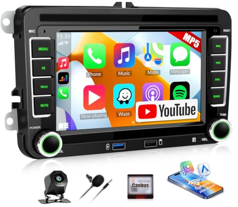 Car Stereo for Volkswagen VW Transporter T5 2010-2015 with Wireless CarPlay Android Auto, Built-in YouTube, 7 HD IPS Touchscreen Car Radio with HD Backup Camera, Bluetooth, Mirror Link, FM, EQ, USB