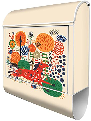 banjado® Design Briefkasten mit Rotes Pferd 38,5x46,5x13cm & 2 Schlüssel - Briefkasten Stahl weiß mit Zeitungsfach pulverbeschichtet - Postkasten A4 Einwurf inkl. Montagematerial