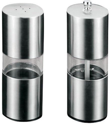 Metaltex 2er Set Salzstreuer und Gewürzmühle aus Edelstahl mit Sichtfenster, Keramikmahlwerk, Silber