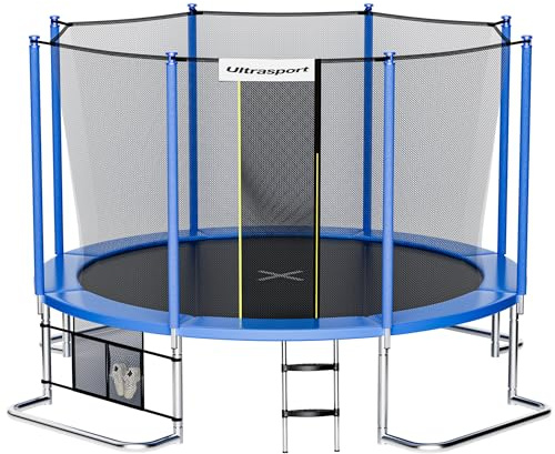 Ultrasport SICHERSTE Trampolin Outdoor Kinder Ø180/244/305/366/430 cm bis 150 KG I Leise Gummiseilfederung I Komplettset mit Sicherheitsnetz (All in) viel Zubehör I Gartentrampolin I Gefahrlos