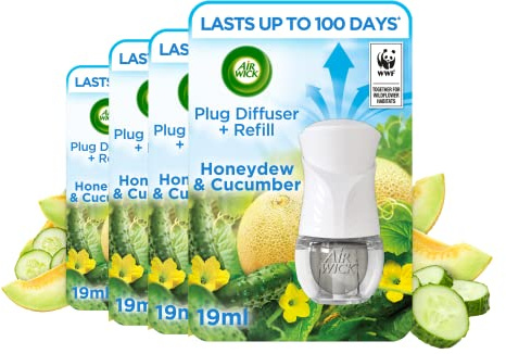 Air Wick Plug in Diffuser Kit, Honeydew & Cucumber, 4 Device & 4 Refill (19ml), Long Lasting Fragrance, Lasts up to 400 days, Plug in Air freshener