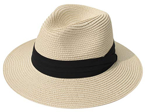 DRESHOW Women Straw Panama Hat Travel Fedora Beach Sun Hat Summer Wide Brim Straw Roll up Hats UPF 50+