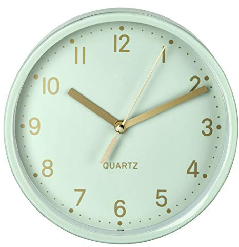 Hama analoge Wanduhr inkl. Batterie (geräuscharme Uhr ohne Ticken, batteriebetriebene Tischuhr mit Standfuß und schleichendem Sekundenzeiger, zum Hängen und Stellen, 16 cm rund) Mint, Gold