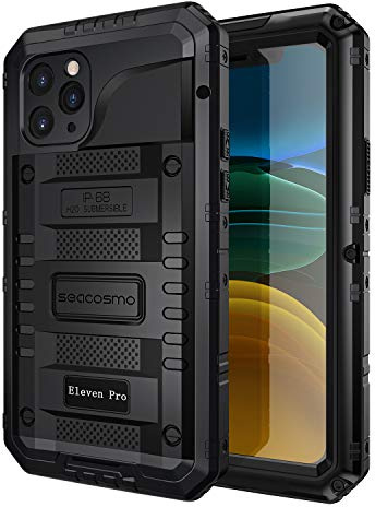 seacosmo iPhone 11 Pro Wasserdicht Hülle, Militärstandard Schutzhülle mit Eingebautem Displayschutz Stoßfest Metall Handyhülle für iPhone 11 Pro, Schwarz