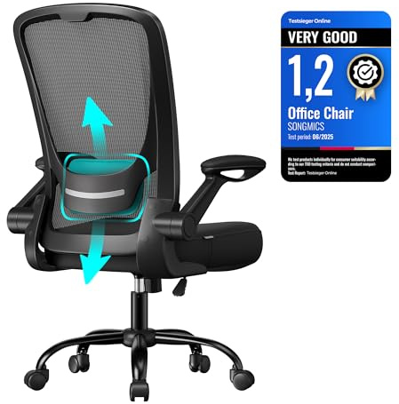 SONGMICS Office Chair, Desk Chair with Mesh Back, Ergonomic Computer Chair, with Adjustable Lumbar Support Cushion, Rocking Function, 53 cm Wide Seat, Flip-Up Armrests, Black OBN37BKUK
