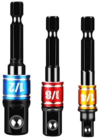 Impact Grade Socket Adapter Set 3PCS Drill Socket Adapter Drill Bit Extension Driver Bit Holder 1/4 3/8 1/2 Socket Adapter Extension Set-1/4” Hex Shank, Impact Driver Bit Set Drill Accessories-BLK