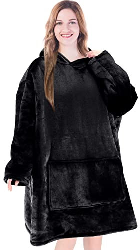 EHC Unisex Sherpa Oversized Microfiber Wearable Warm Hooded Sweatshirt Cuddly Blanket - Black