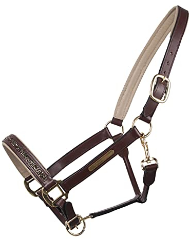 QHP Luxus Lederhalfter Halfter Lupine mit Strass-Steinen (Warmblut, braun/beige)