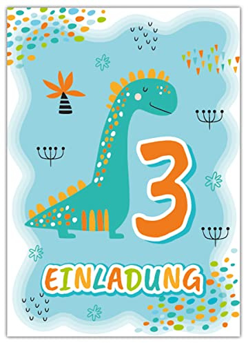 Junapack 12 Einladungskarten zum 3. Kindergeburtstag dritte Geburtstag Jungen Dino Dinosaurier Geburtstagseinladungen