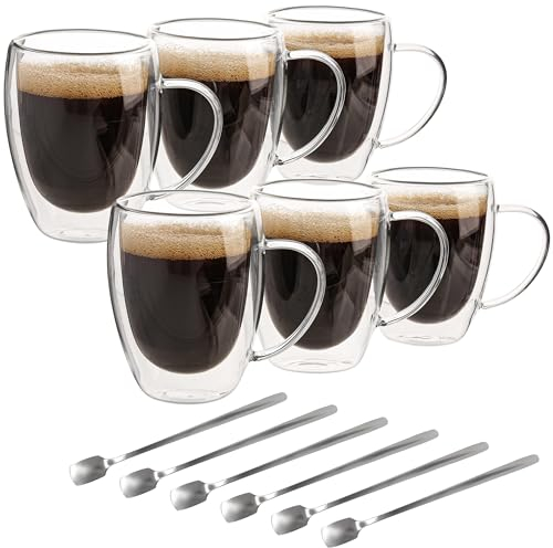 Belle Vous (Lot de 6) Tasse a Cafe Double Paroi - Verre Double Paroi 350ml avec Poignées - Tasse Double Paroi en Verre Borosilicate Thermorésistante pour Thé, Café, Cappuccino & Lattes