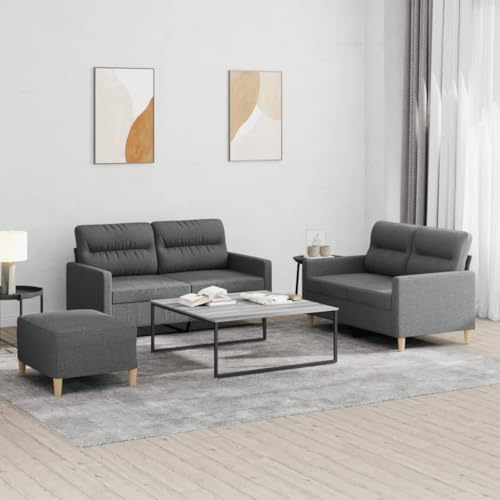 GPWERSDF 3-TLG. Sofagarnitur mit Kissen Dunkelgrau Stoff – Strapazierfähiges Sofa Set mit dick gepolsterten Sitzflächen, Armlehnen und vielseitigem Fußhocker, Robustes Gestell