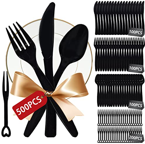 500PCS Plastikbesteck,Plastiklöffel,Plastikgabeln,Plastik Messer,Party Besteck Wiederverwendbar,Messer Gabeln Löffel je 100 Stück,200 Obstgabel Plastik,Wiederverwendbar Besteck