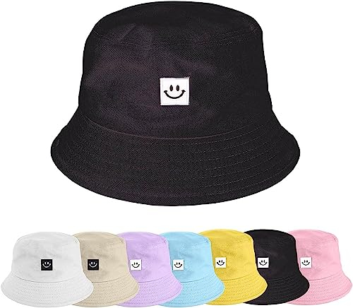 Fischerhüte Bucket Hat Unisex Sonnenhut Baumwolle Buckethut Faltbar Fischerhut Anglerhut Freizeithut Outdoor Smiling Face Hut Sommermütze 56-58cm Sonnenhut Herbst Camping Reisen Wandern (Schwarz)