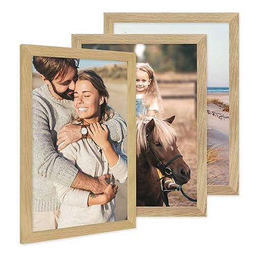 PHOTOLINI Bilderrahmen A3 Holz Eiche, 3er Set A3 Bilderrahmen 30x42 breit, Rahmen DINA3 mit Acrylglas, Picture Frame 42 x 30 zum Aufhängen, Frame DIN A 3 42x30 mit Zubehör für Deine Wandideen