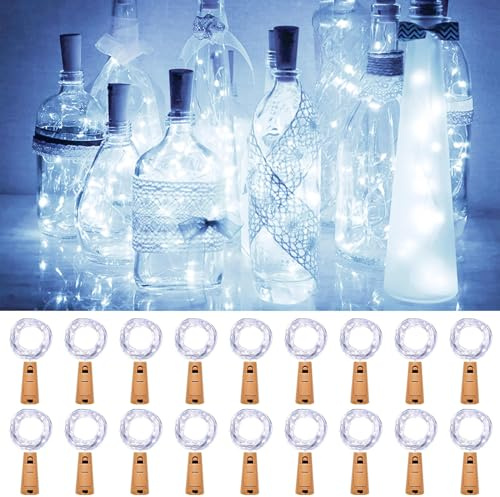 kolpop 18 Stück Flaschenlicht Batterie, Flaschen Lichterkette 2M 20LED Glas Korken Licht Lichterkette mit Batterie für außen/innen Deko Flaschenlichter DIY, Party, Hochzeit, Weihnachten-Kaltweiß