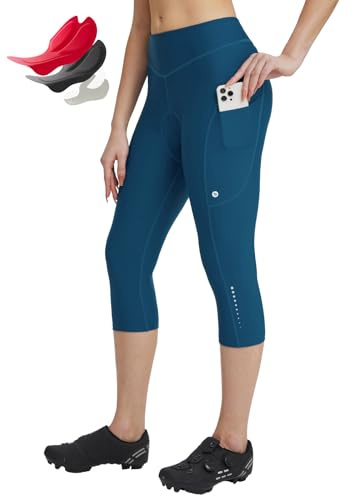 baleaf Fahrradhose Damen 4D Gepolstert mit Taschen Hohe Taille | Atmungsaktiv & Schnell Trocknend & UPF 50, 4D Radler mit Silikon, 3 Taschen, Rutschfeste Silikon-Beinbänder und Reflektoren