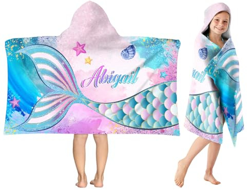 SearchI Meerjungfrau Kinder Kapuzen Strandtücher Personalisierte, Schnelltrocknend Kinder Poncho mit Kapuze Weich Badetücher Badehandtuch Handtücher Mädchen für Strand Bad Schwimmbad-76x127cm