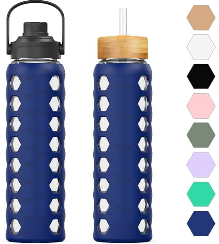 HYDRAGLAZIC 950ml bottiglia d'acqua in vetro con cannuccia e coperchio, borraccia in vetro con manico, manicotto in silicone con indicatore dell'ora e dell'acqua, senza BPA, Blu scuro