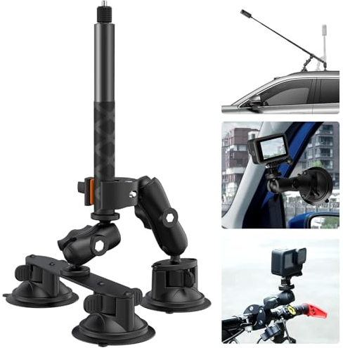 UNSTINCER Triple Suction Cup Mount and Clamp with 118cm Extendable Selfie Stick, Third Person Car Bracket for Insta360 X5 X4 Gopro Hero 13 12 Action Camera, Holder on Roof Hood Trunk Glass Handlebar