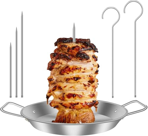 Soporte vertical para brochetas de kebab, pinchos de pollo colgantes de acero inoxidable con asa, soporte vertical extraíble con 3 picos y 2 ganchos para parrilla para pollo entero, pescado,