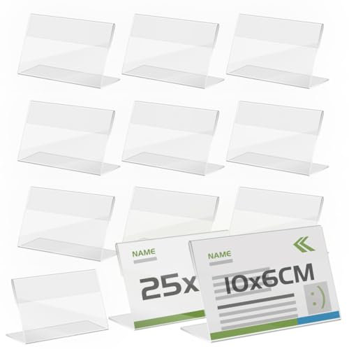 TAPKUA 25 Stück Namensschilder Halter, 10x6 cm Acryl-Tischständer, Tischnamensschilder, Vertikale Tischaufsteller für Namensschild und Informationsschild